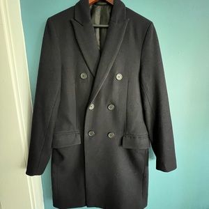 H&M Navy Double Breasted Peak Lapel Overcoat!